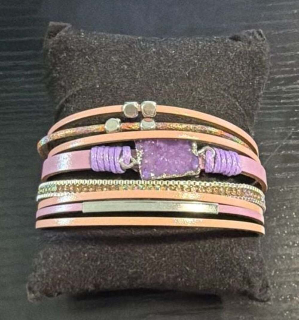 RYZE Pink Lilac Boho Cuff Multi-Strand Bracelet with Purple Druzy